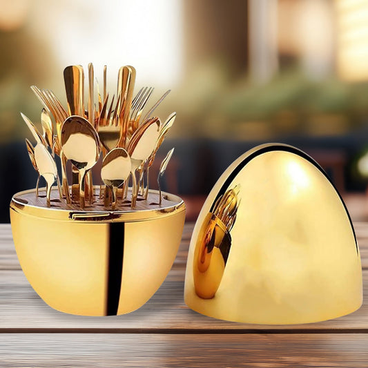Premium Cutlery Set 24 Pcs with Oval Shaped Stand | Beautiful Stylish Oval Designed Cutlery Sets, Egg-Shaped Luxury Spoon Holder Set (Golden / 24 pcs set)