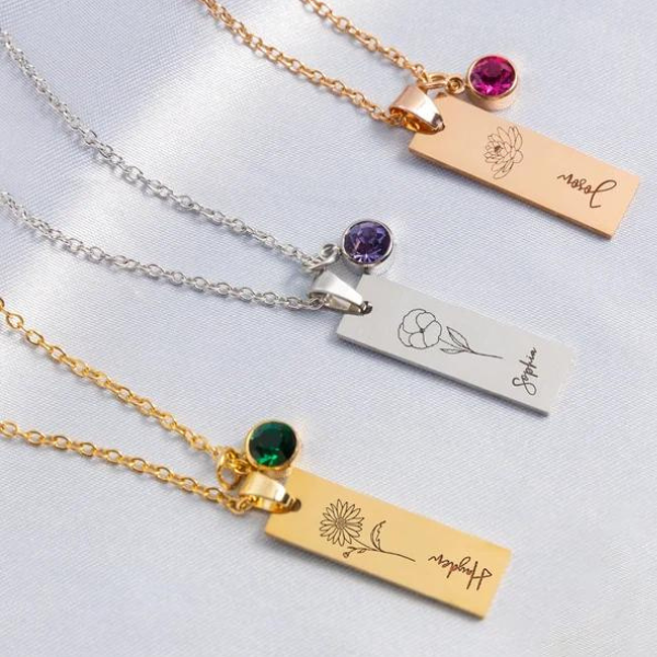 Birthflower, Birthstone and Name Necklace