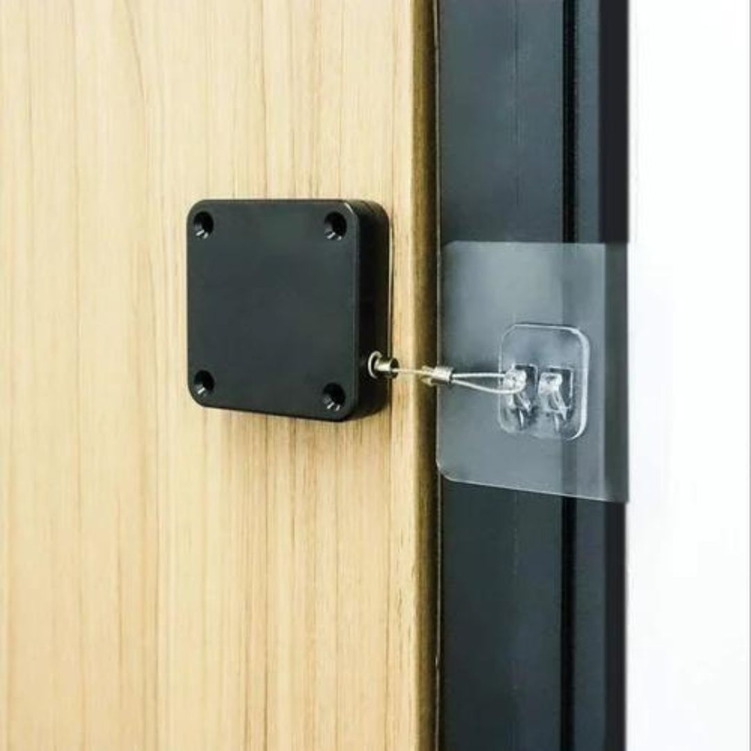 Automatic Door Closer- Punch-Free Automatic Sensor Door Closer with Steel Drawstring for Bedroom/Storm/Home (Black)