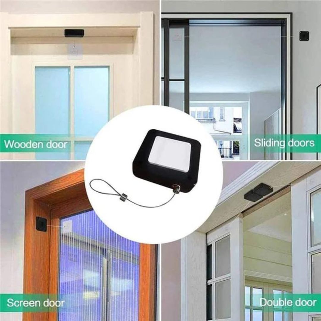 Automatic Door Closer- Punch-Free Automatic Sensor Door Closer with Steel Drawstring for Bedroom/Storm/Home (Black)