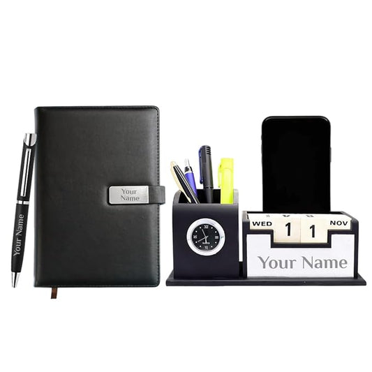Personalized Desk Organizer | Customized Employee Welcome Kit Personalized Diary, Pen Holder With Clock