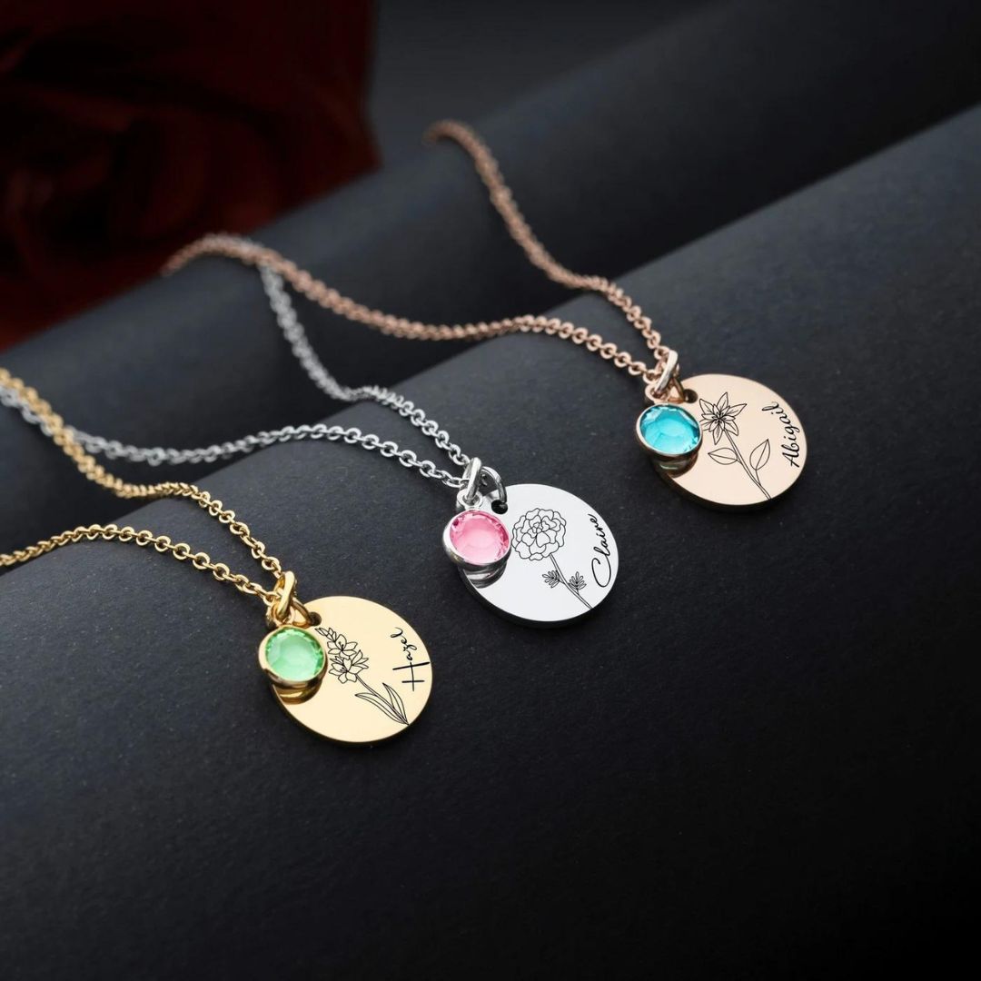 Birthstone, Birthflower Necklace For Girls