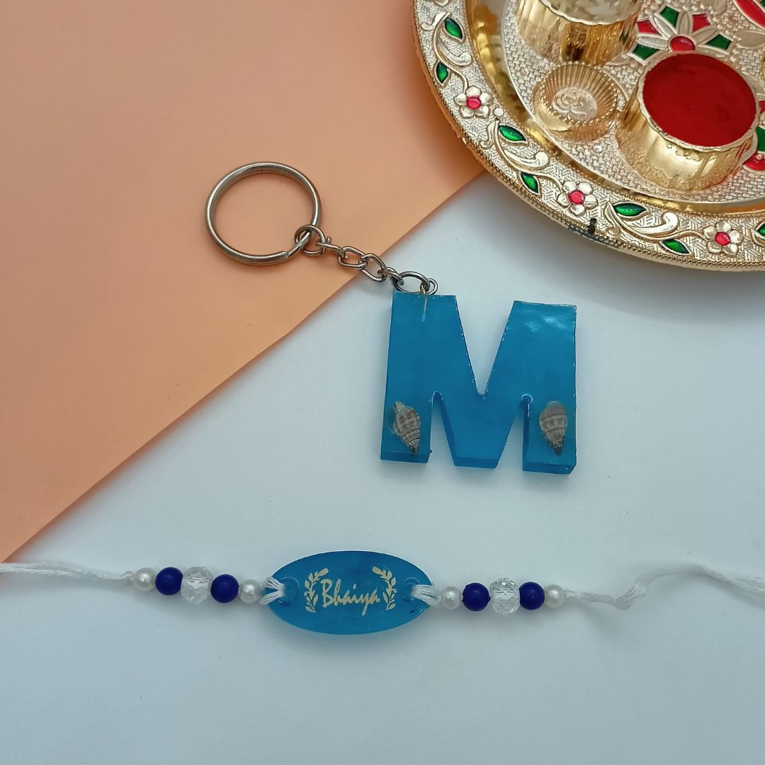 Customise Bhaiya Resin Rakhi with initial Keychain