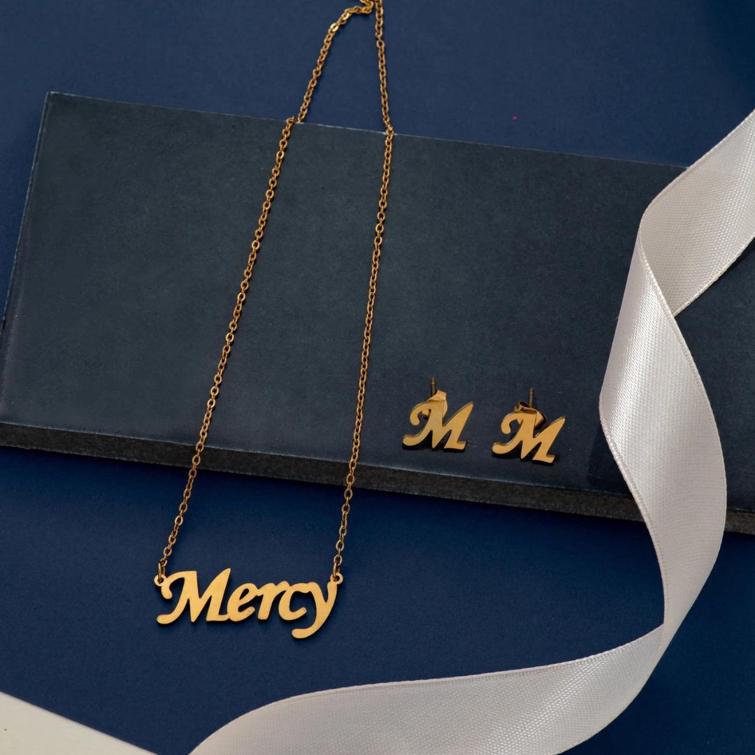 Customized Name Necklace With Initial Earrings Combo