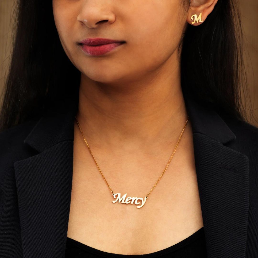 Customized Name Necklace With Initial Earrings Combo