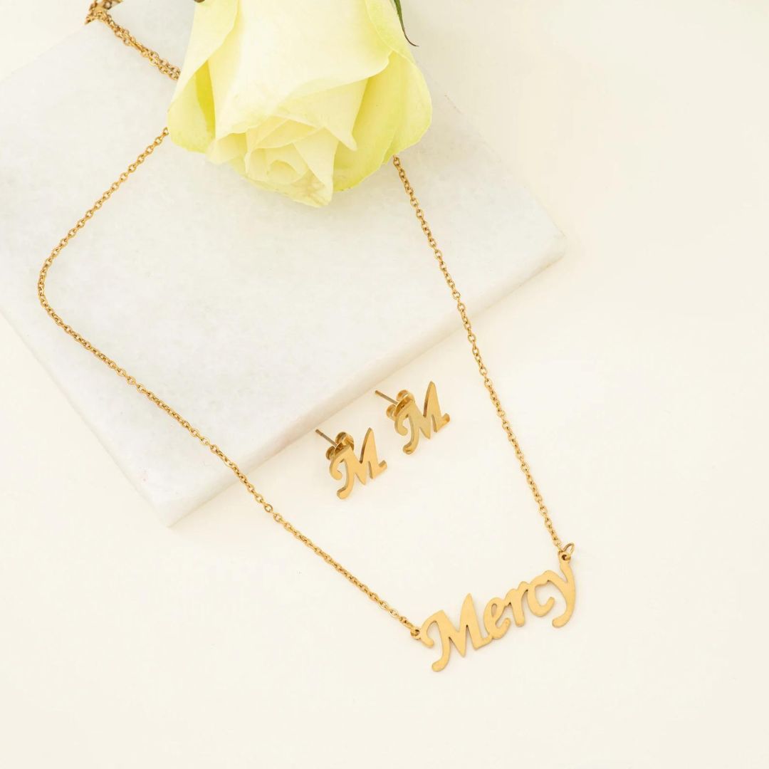 Customized Name Necklace With Initial Earrings Combo