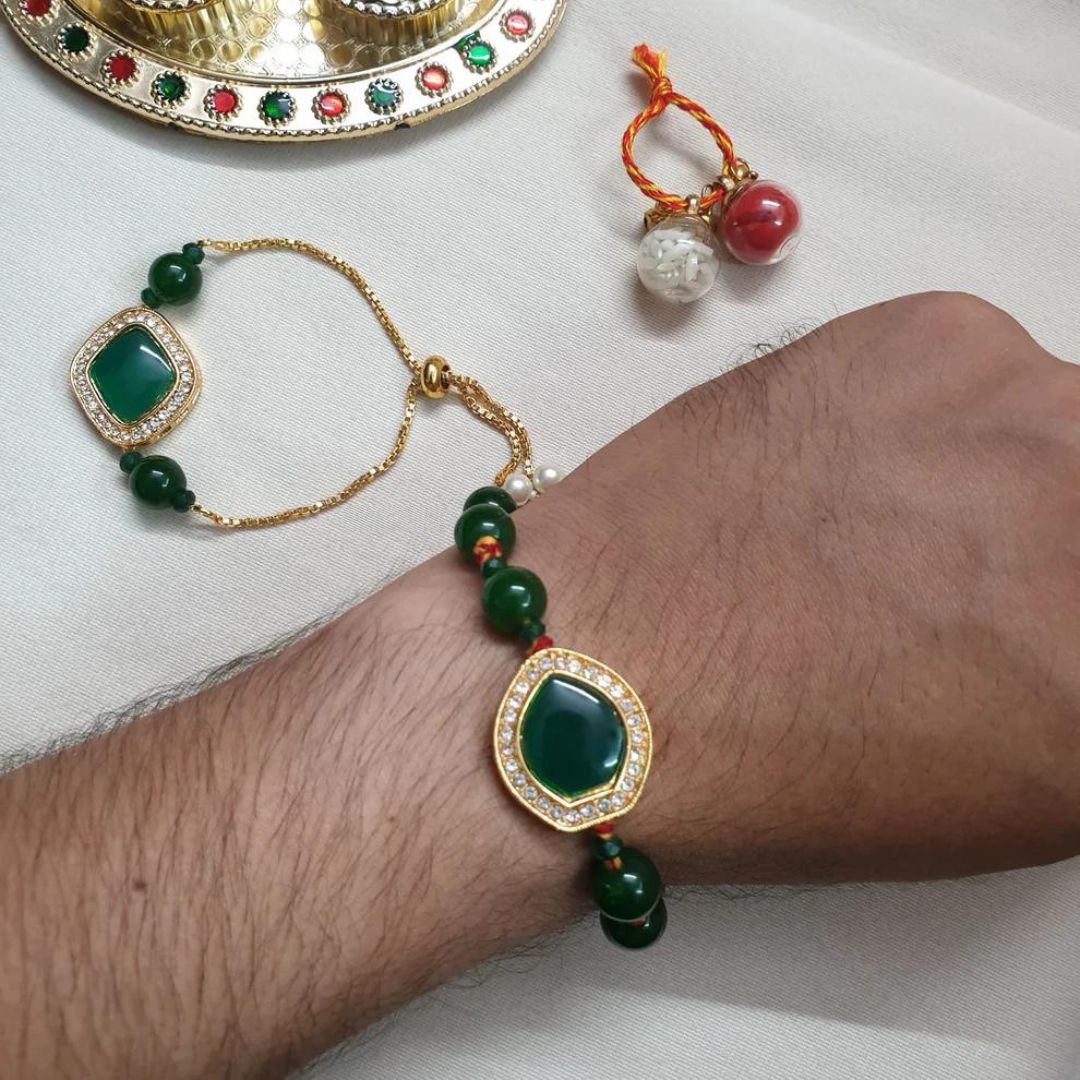 Dark Green AD Stone Bhaiya Bhabhi Rakhi