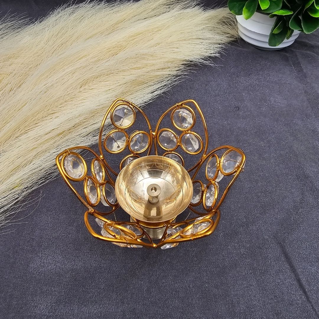 Decorative Brass Lotus Shaped Crystal Diya