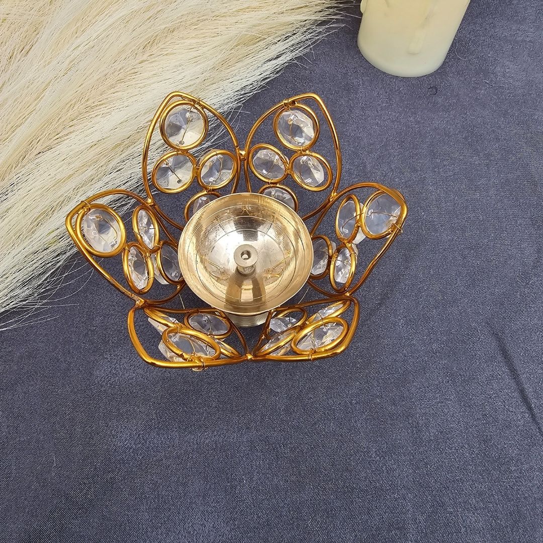 Decorative Brass Lotus Shaped Crystal Diya