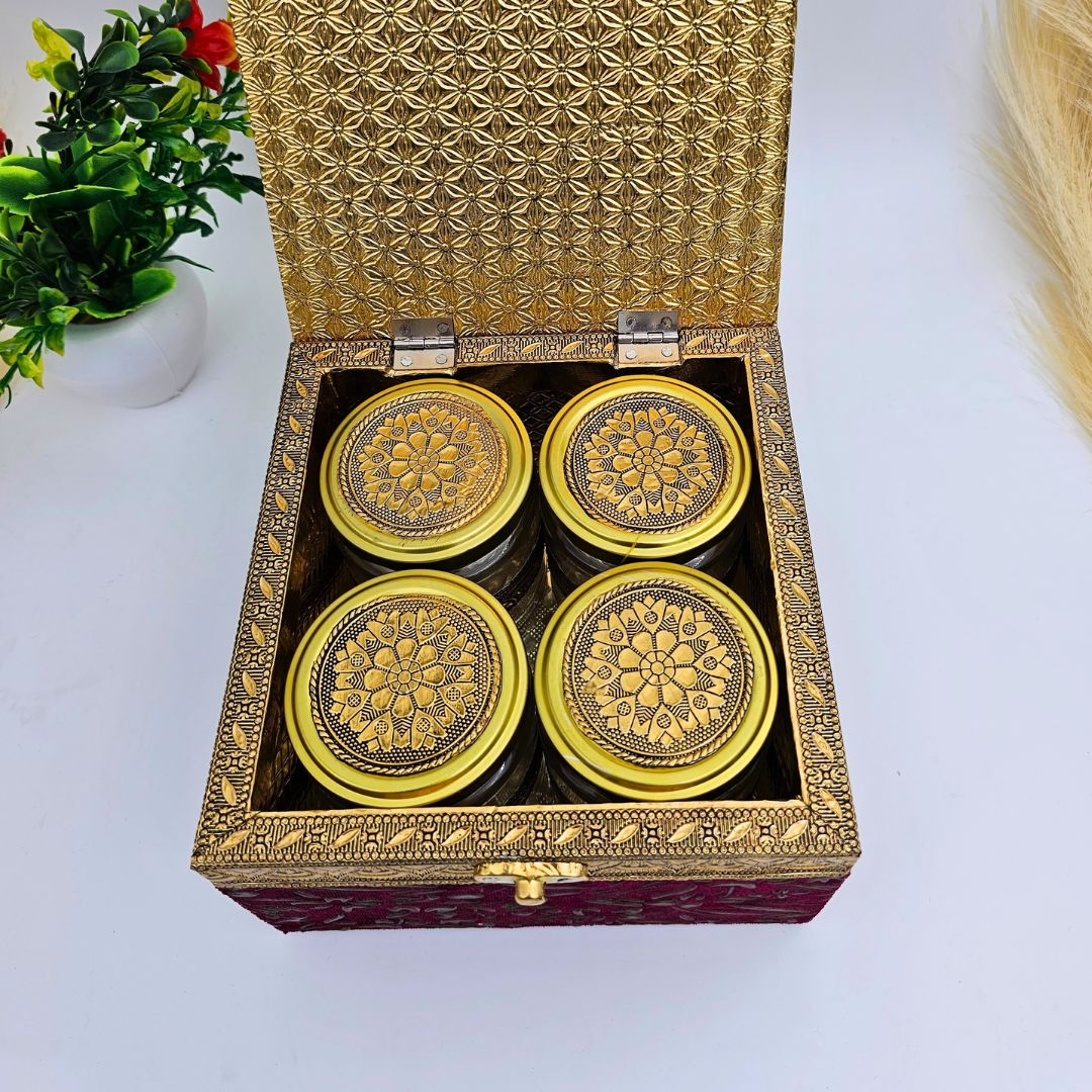 Decorative Dry Fruit Box With 4 Jars Filled With Dry Fruits