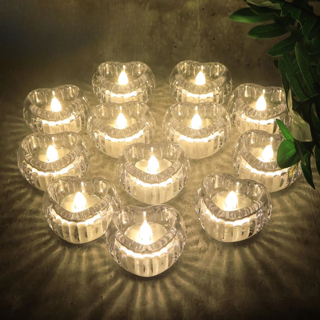 Heart Shaped LED Flameless Crystal Clear Candle | Set of 6