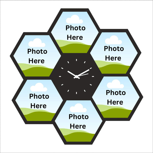 Hexagon Wall Clock With 6 Photos