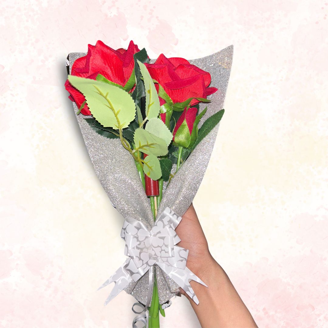Lipstick Flower Bouquet Wrap In Silver Glitter Sheet