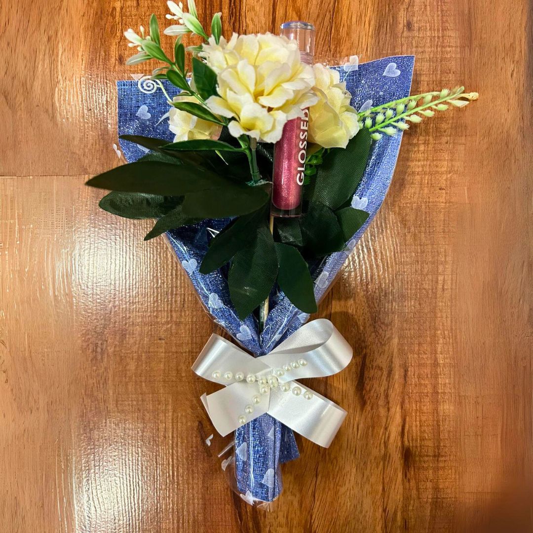 Artificial Flower Makeup Bouquet - Blue Glitter Sheet With Lakme Lipstick