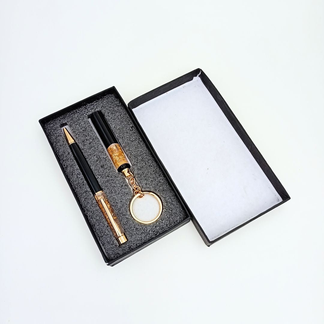 Personalised Gold Flake Pen and Keychain Set with Name Engraved