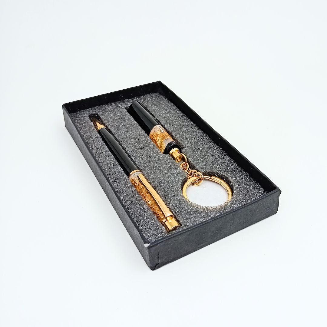 Personalised Gold Flake Pen and Keychain Set with Name Engraved