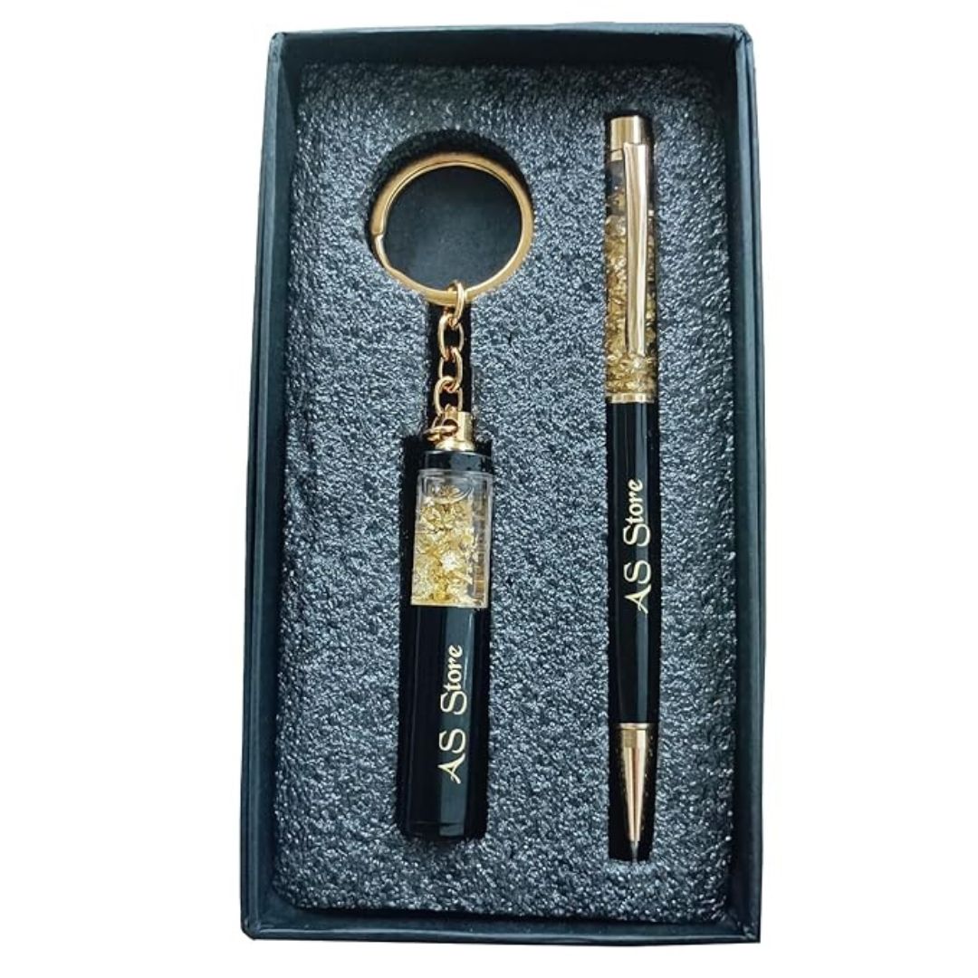 Personalised Gold Flake Pen and Keychain Set with Name Engraved