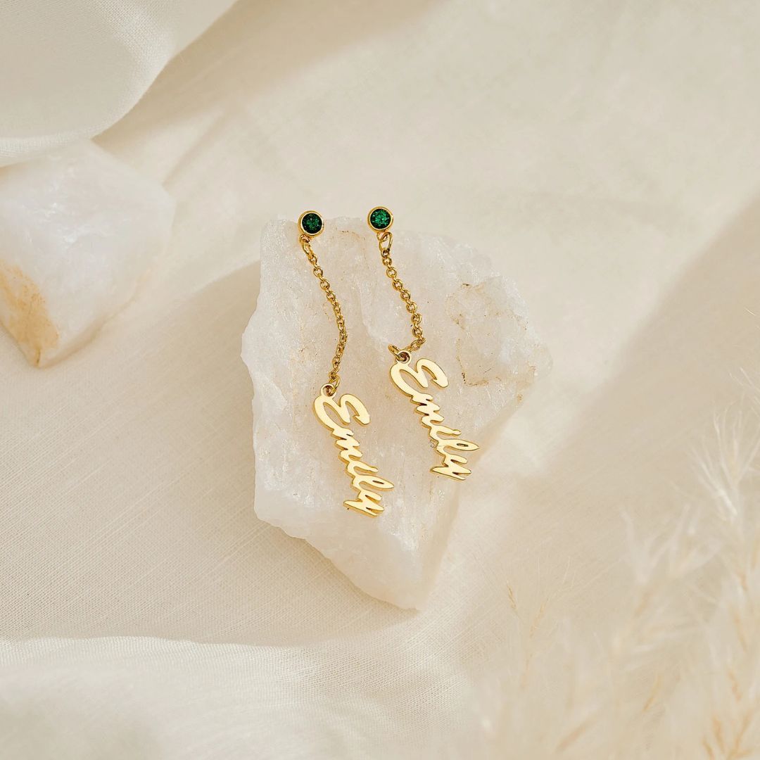 Personalized Name Drop Earrings With Birthstone