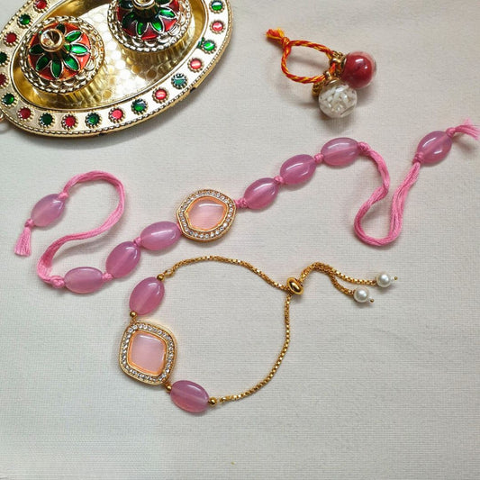 Pink AD Stone Bhaiya Bhabhi Rakhi