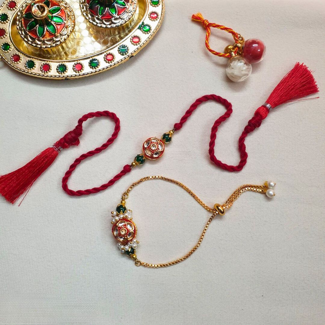 Red Kundan Meenakari Beaded Bhaiya Bhabhi Rakhi