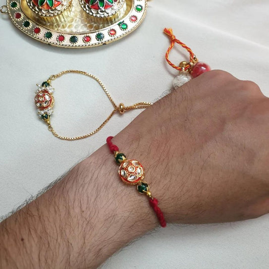Red Kundan Meenakari Beaded Bhaiya Bhabhi Rakhi