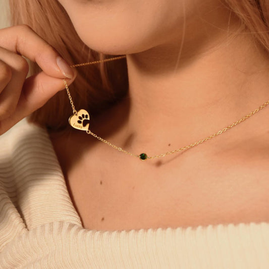 Engraved Paw Name Necklace with Birthstone