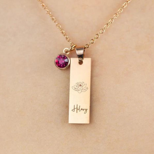 Birthflower, Birthstone and Name Necklace