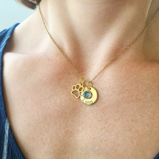 Pawprint Charm Personalized Name Birthstone Necklace