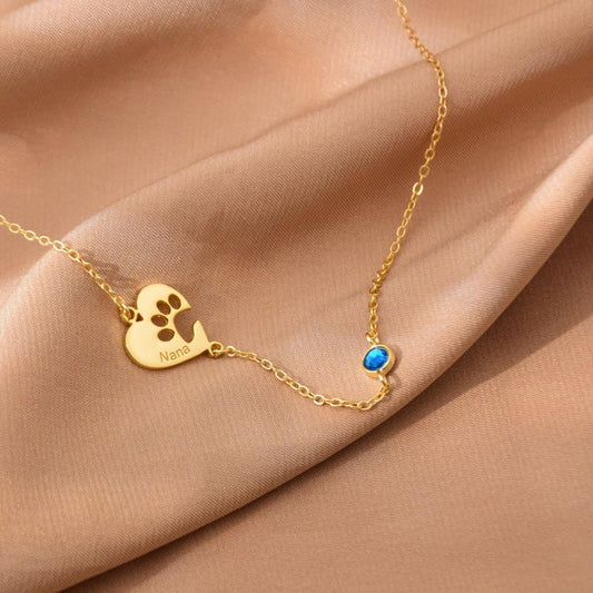 Engraved Paw Name Necklace with Birthstone