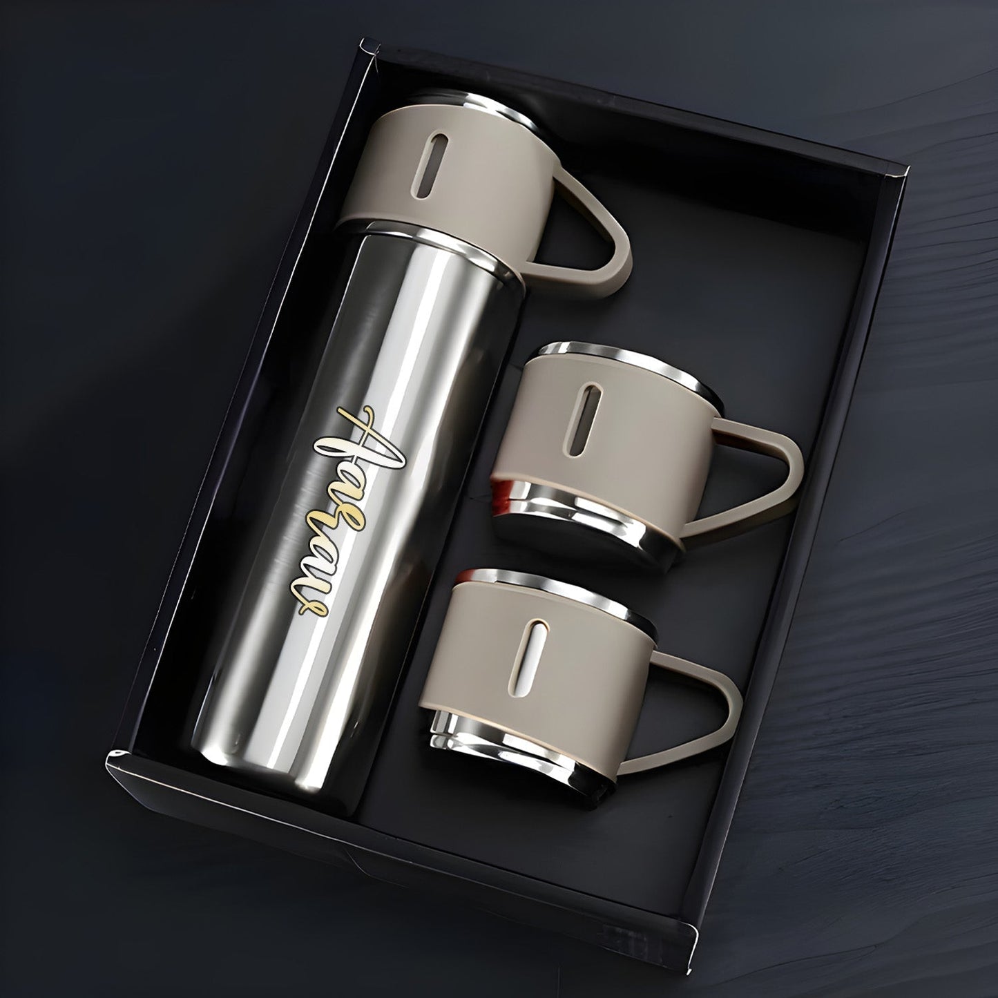 Customized/Personalized Stainless Steel Water Bottle Vacuum Flask Set With 3 Steel Cups Combo | Best Corporate Gift | 500ML