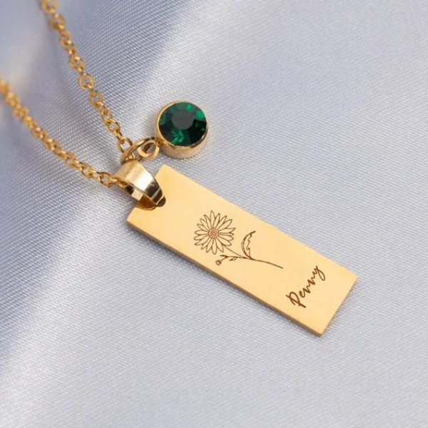 Birthflower, Birthstone and Name Necklace