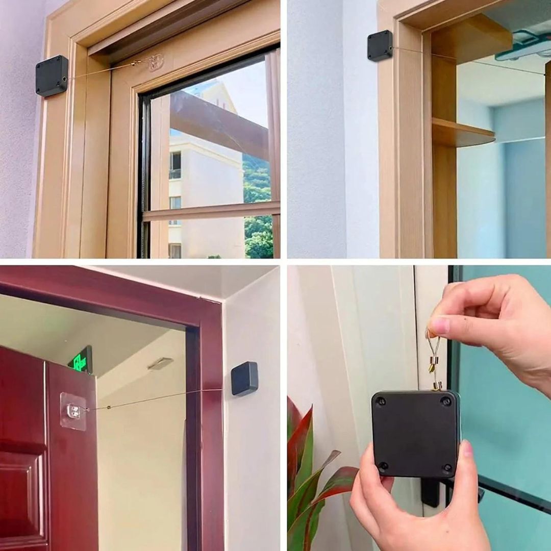 Automatic Door Closer- Punch-Free Automatic Sensor Door Closer with Steel Drawstring for Bedroom/Storm/Home (Black)