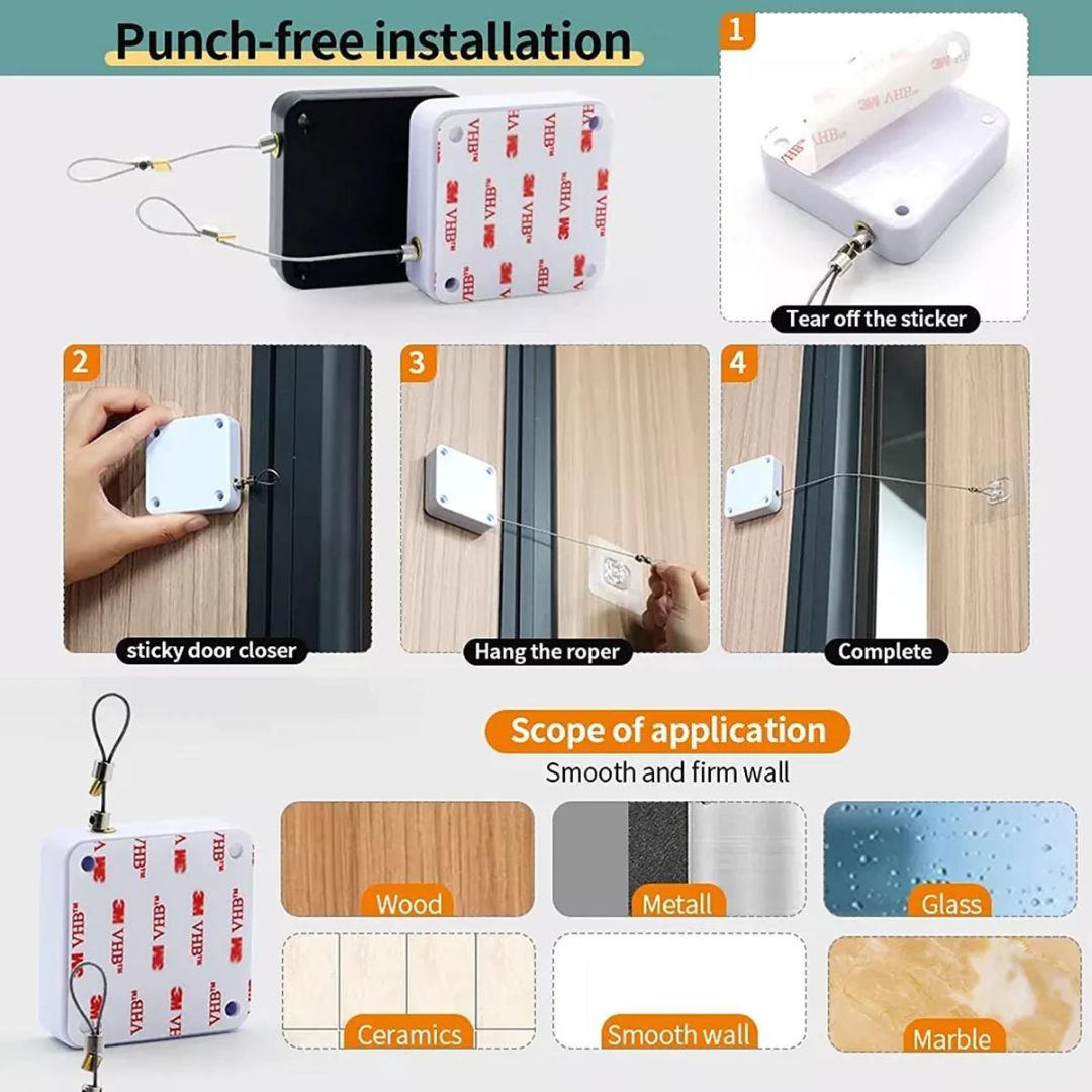 Automatic Door Closer- Punch-Free Automatic Sensor Door Closer with Steel Drawstring for Bedroom/Storm/Home (Black)