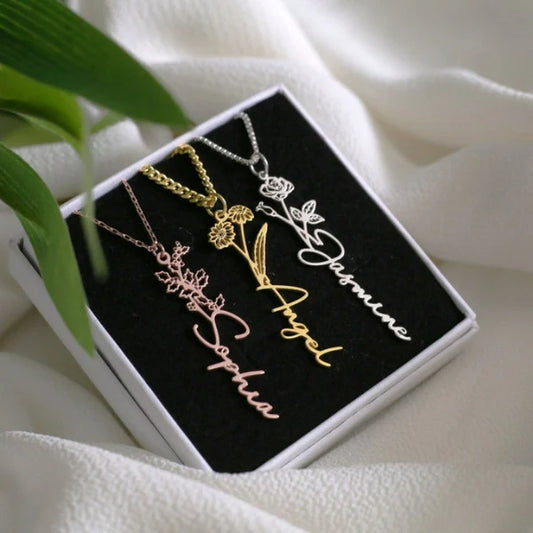 Custom Birth Flower Name Necklace