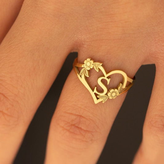 Custom Initial Ring With Heart And Flower