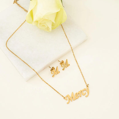 Customized Name Necklace With Initial Earrings Combo