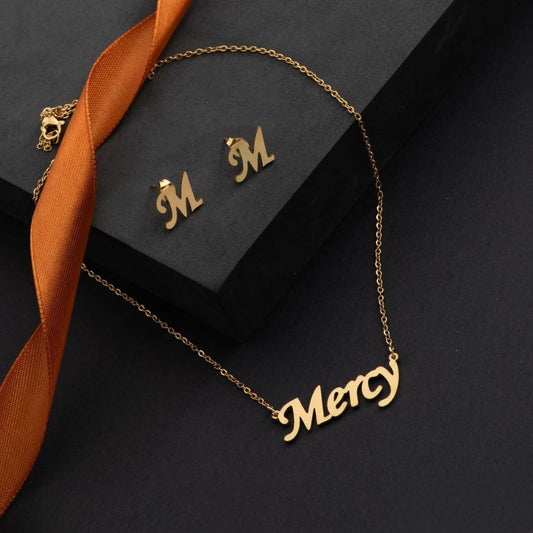 Customized Name Necklace With Initial Earrings Combo