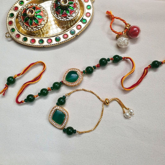 Dark Green AD Stone Bhaiya Bhabhi Rakhi