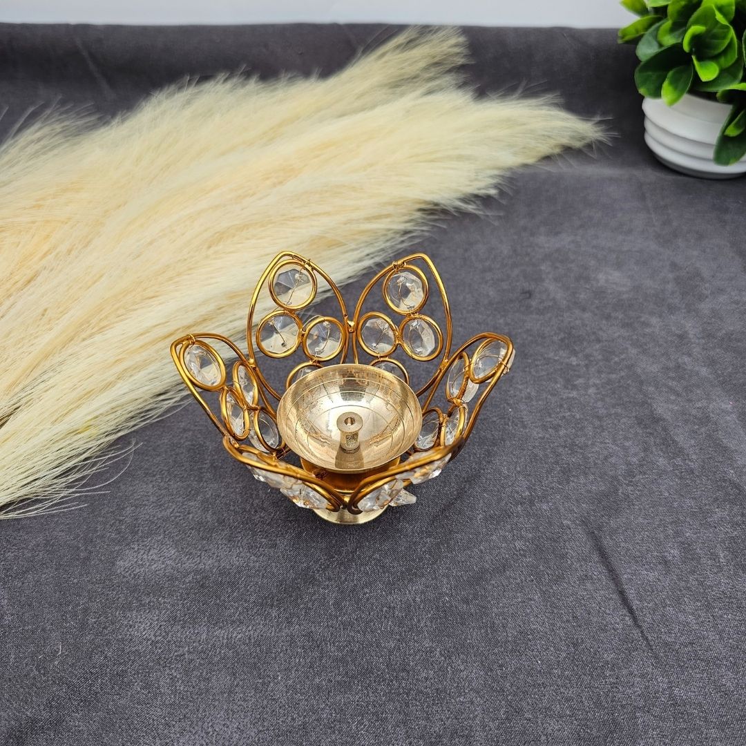 Decorative Brass Lotus Shaped Crystal Diya