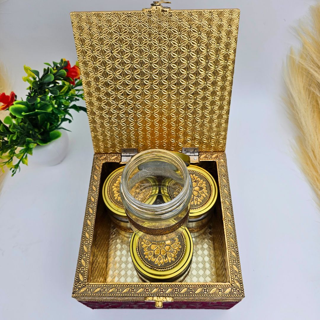 Decorative Dry Fruit Box With 4 Jars Filled With Dry Fruits