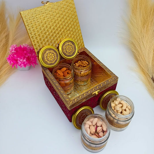 Decorative Dry Fruit Box With 4 Jars Filled With Dry Fruits