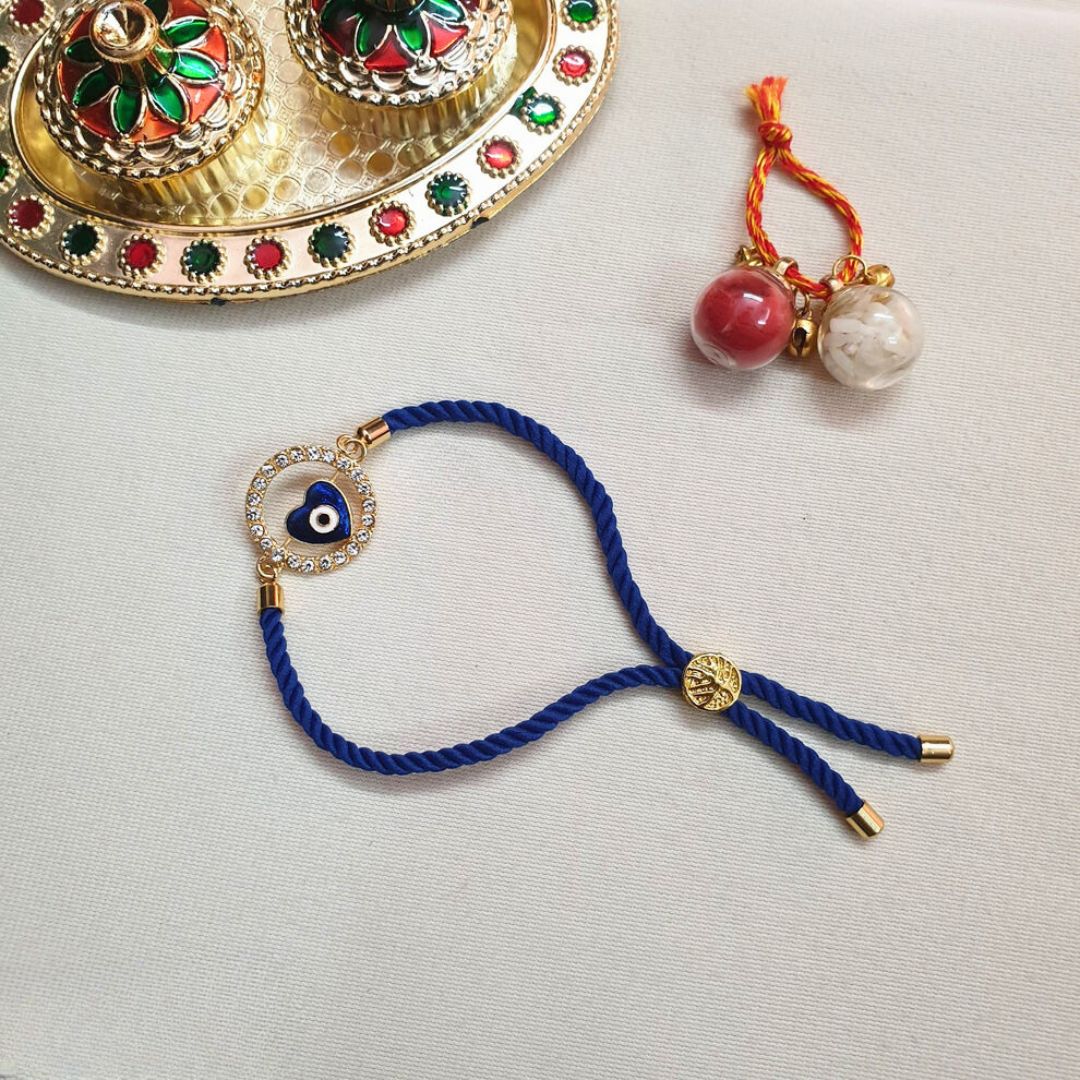 Evil Eye Heart Rakhi With Adjustable Nylon Slider Cord