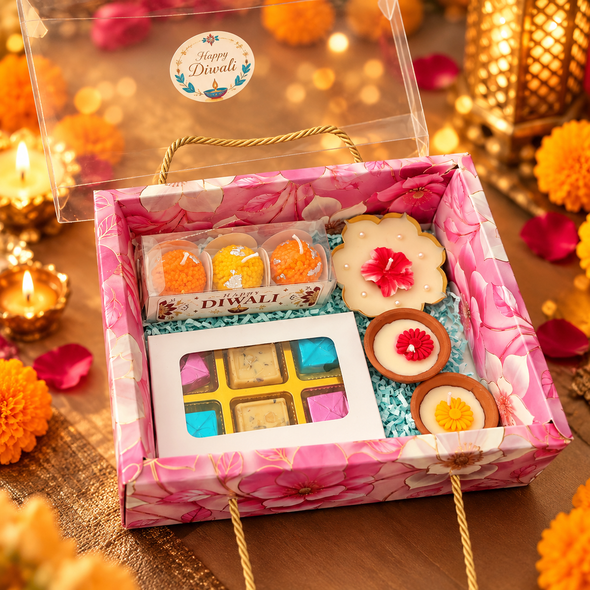 Floral Diwali Gift Hamper with Festive Sweets