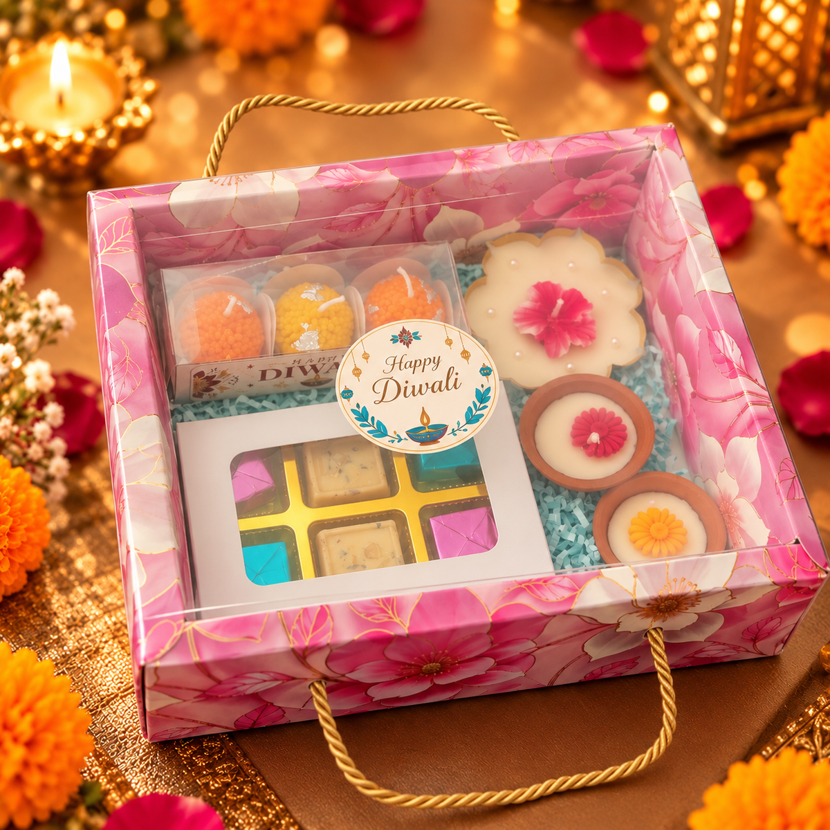 Floral Diwali Gift Hamper with Festive Sweets
