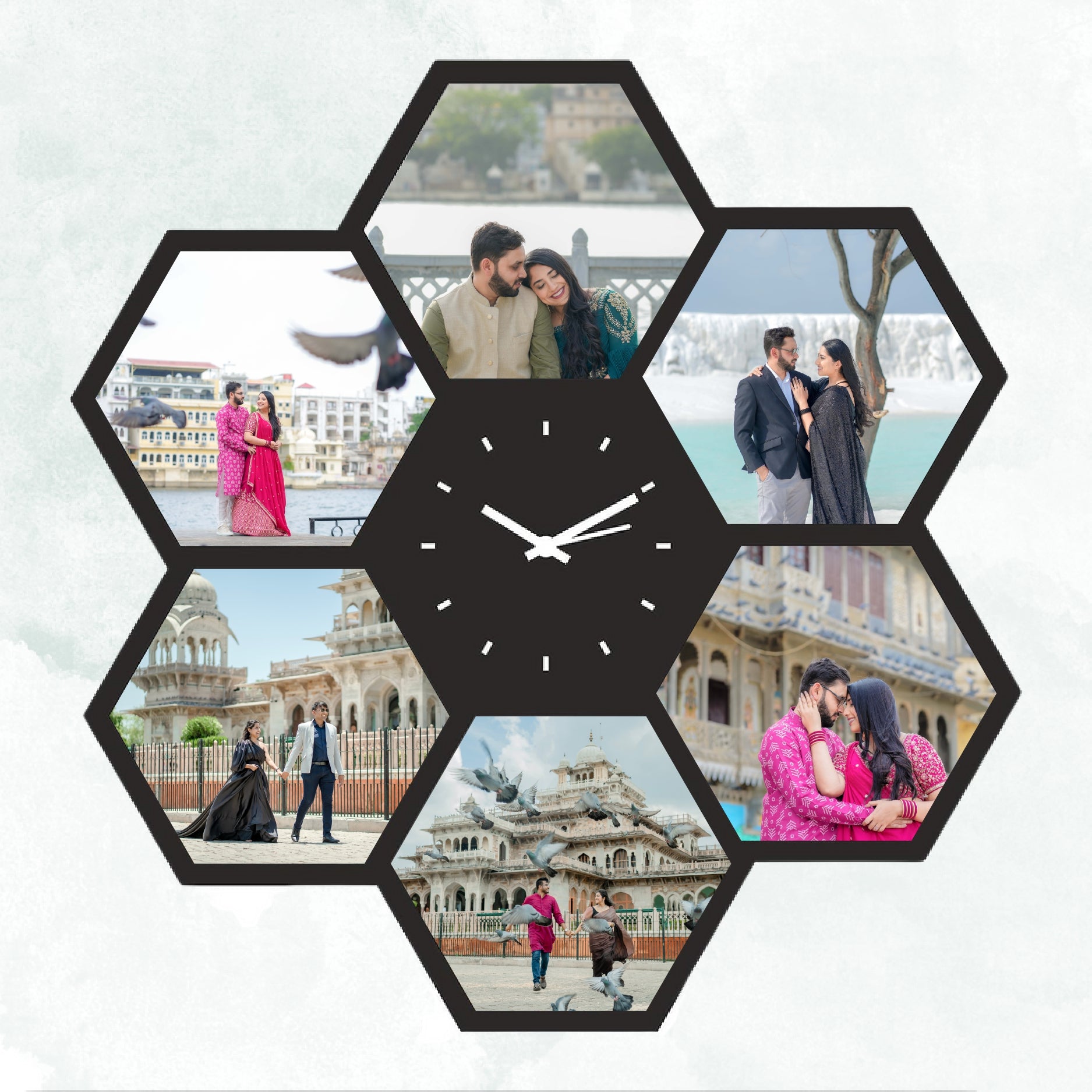 Hexagon Wall Clock With 6 Photos