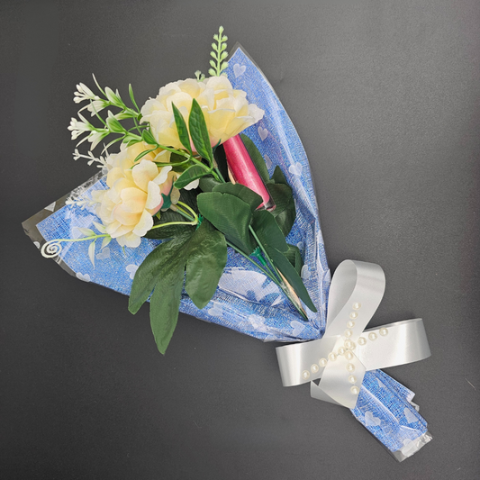 Artificial Flower Makeup Bouquet - Blue Glitter Sheet With Lakme Lipstick