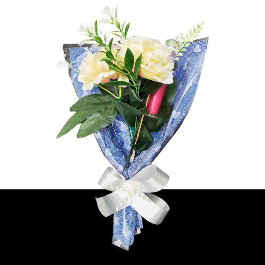 Artificial Flower Makeup Bouquet - Blue Glitter Sheet With Lakme Lipstick