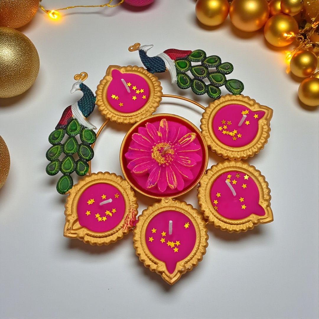 Peacock Design Decorative Diya Candle Set