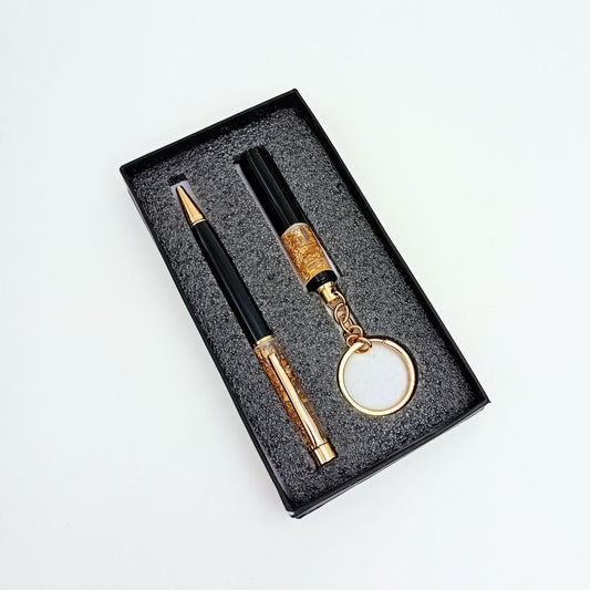 Personalised Gold Flake Pen and Keychain Set with Name Engraved