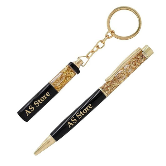 Personalised Gold Flake Pen and Keychain Set with Name Engraved